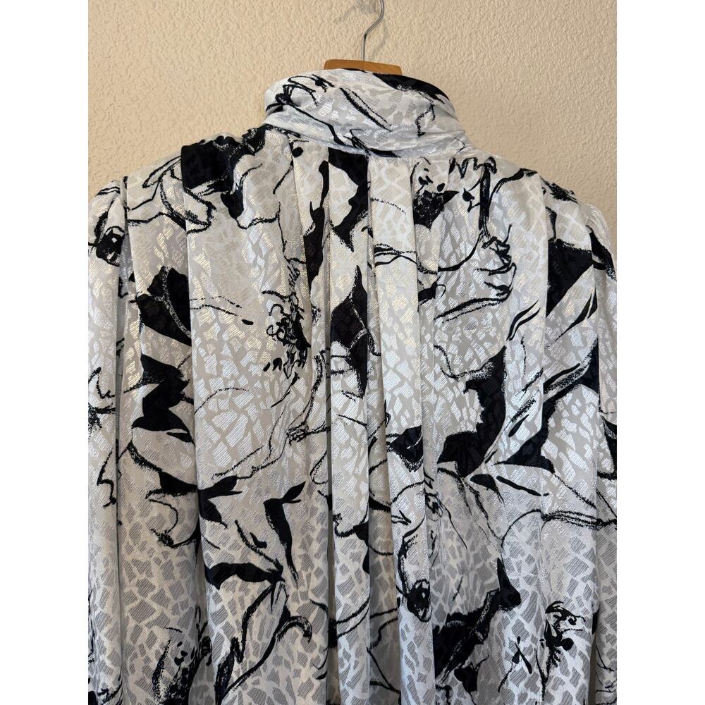 VTG TESS Paris-Milano Silkey Retro 80’s White Black Floral Turtle Neck Blouse 4 - Picture 4 of 13